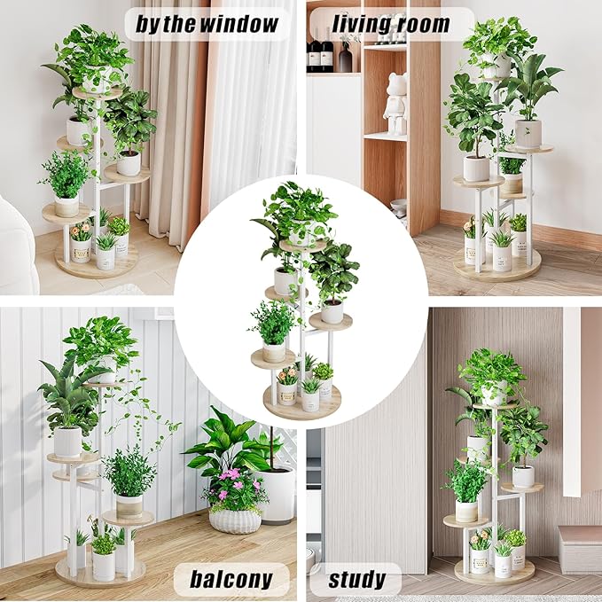 INGIORDAR Plant Stand Indoor Outdoor Corner Flower Stands Multiple Flower Pot Holder for Patio Garden Balcony Living Room 5 Tier White+Sonoma Oak