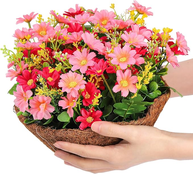 Hedume Artificial Fake Hanging Plants Flowers with Basket, Faux Silk Daisy Eucalyptus in Pot Planter Look Real, 8 inch Coconut Lining Basket for Porch Home Indoor Patio Balcony Yard Decoration