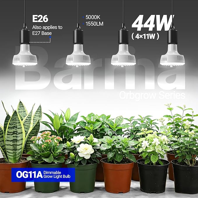 Barrina Orbgrow OG11A Grow Light Bulbs for Indoor Plants, Integrated Dimming & Timing, 5000K 44W(4 x 11W, 400 Watt Equiv), E26 Plant Light Bulb, Full Spectrum for Seeds and Greens, 4 Packs, White
