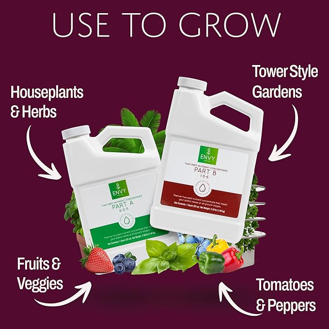 ENVY Hydroponic Plant Food A & B – Two-Part Liquid Nutrient for Indoor/Outdoor Plants – Soil, Coco, Hydroponics, DWC – Quart Set