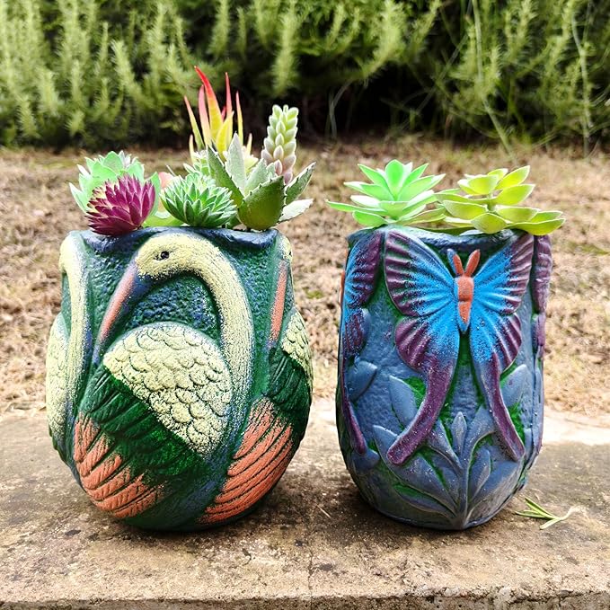 Ceramic Flowerpot with Bird Glaze Patterns,Vintage-Inspired Oval Thick Green Glaze Cylindrical Planter for Succulents Indoor Outdoor Decor