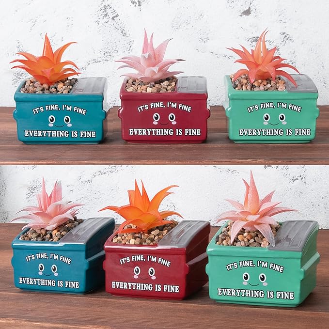 Dumpster Fire Fake Plants in Ceramic Succulent Pots Desk Decor, Emotional Support Positive Thinking Office Desk Accessories, Motivational Gifts for Women, Men, Coworkers