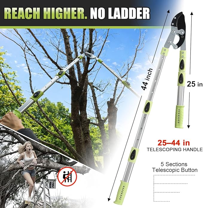 Heavy Duty Hand Loppers Pruning Shears for Gardening,25"-44" Extendable Branch Cutter for Tree Limb Trimming, Lightweight Anvil Lopping Shears for up to 2” Thick Branches Cutters (Green)