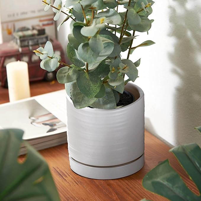 HERDUK 6 + 8 Inch Plant Pots, Ceramic Planter Pot with Drainage Hole & Saucer, Indoor/Outdoor Cylinder Round Planter Pot, Matte White