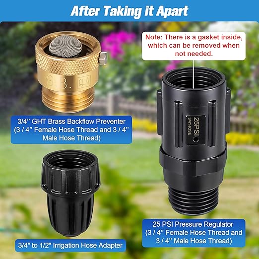 Feekoon 2 Set 25 Psi Drip Irrigation Faucet Adapter Kit 1/2'' Irrigation Tubing to 3/4'' Faucet Water Pressure Regulator Backflow Preventer with Filter, Drip System Parts