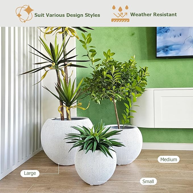 KUTE NEST 12.8"H x 16"D Premium Ribbed Globo Fiberstone Round Planter with Drainage Hole, Weather Resistant for Indoor and Outdoor Use, Included 2 Extra Coco Mats (Speckled White, 10.7" Pot Opening)