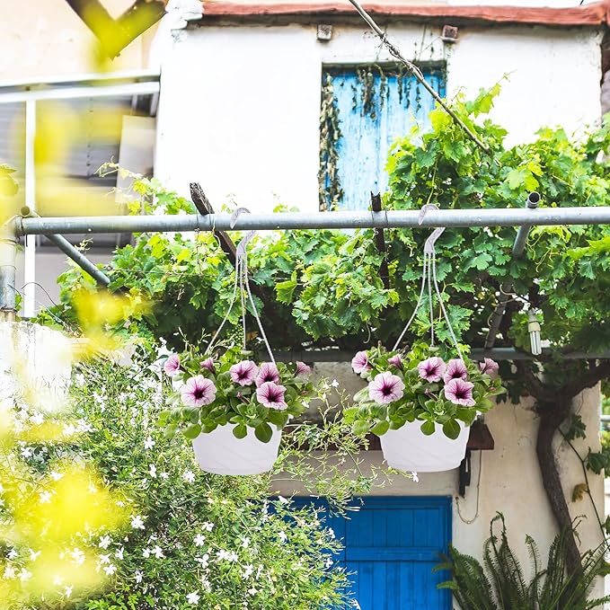 DOITOOL 10 Sets Hanging Planter Basket with Drainage Hole Round Flower Plant Pot Fence Railing Wall Planter for Ferns Ivy Crawling Plants Indoor Outdoor White