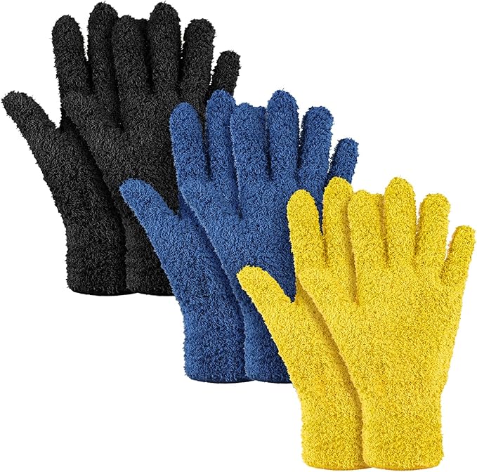 Patelai 3 Pairs Microfiber Plant Dusting Gloves Leaf Cleaning Gloves for Indoor Plants, Blinds, Furniture, House (Black,Navy,Yellow,Large)