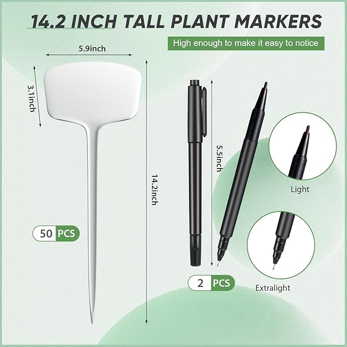 Colingmill 50 Pcs 14.2 Inch Plastic Plant Labels Tags T Type Plant Markers with Pen for Outdoor Indoor Garden Pot Herbs Flowers Vegetable(White)