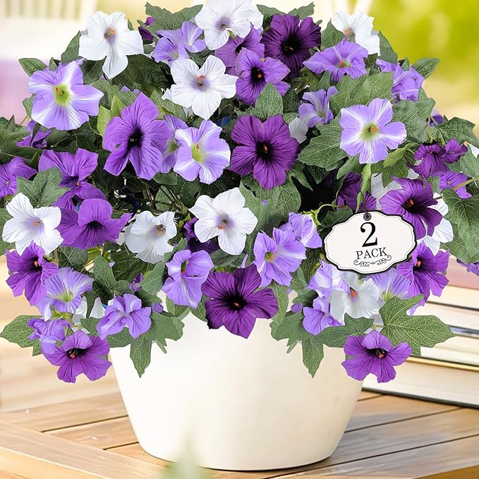 Alotiki Artificial Fake Flowers for Outdoor Plants Decoration,2 Pcs Faux Petunias Flowers Plants UV Resistant Silk for Porch Yard Garden Home Indoor Decor(Purple White)