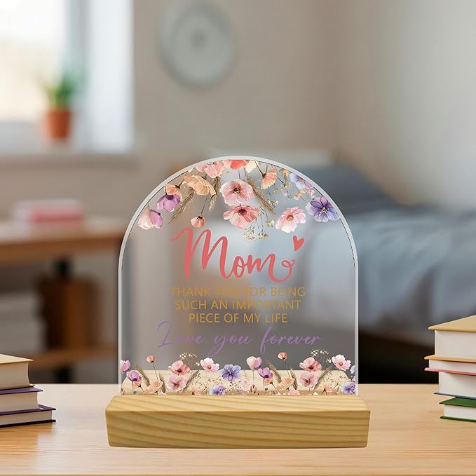Gifts for Mom Floral Arched Acrylic Sign with Wooden Stand – Heartfelt Gifts for Mom from Daughter & Son, Unique Birthday, Mother’s Day, Christmas & Retirement Keepsake, Desk & Home Decor