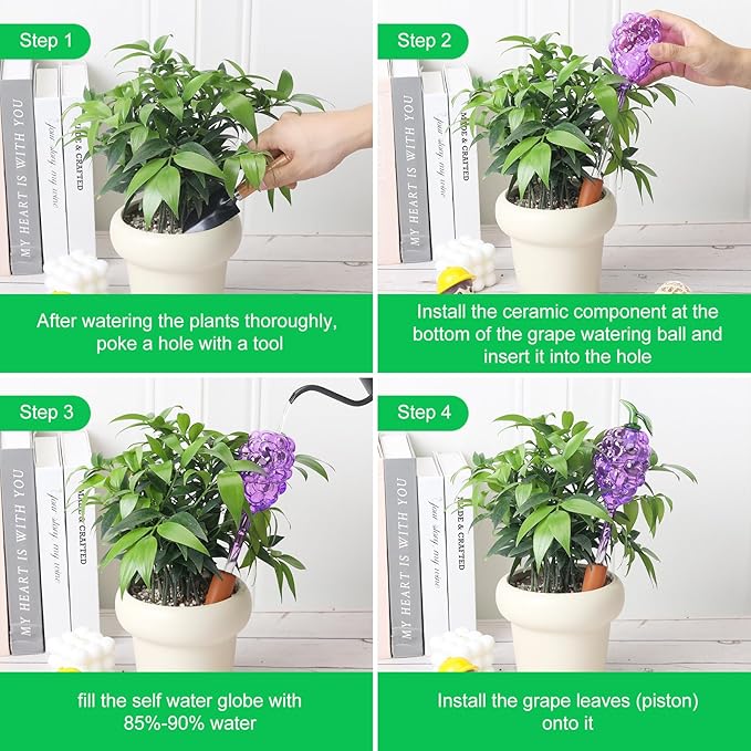 3-Pack Grape-Shaped Plant Watering Globes with Terracotta Stakes, Purple & Green Glass Self-Watering Planter Insert, Automatic Watering Bulbs for Indoor & Outdoor Plants, Refillable via Top Opening