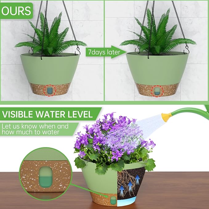 ZMTECH 2 Pack 8 Inch Hanging Planters for Indoor Plants, Modern Green Hanging Planter with Clear Water Window & Removable Tray, Decorative Plant Hanger Indoor for Home & Patio