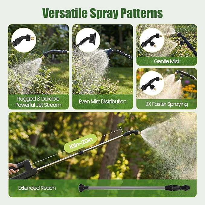 Battery Powered Garden Sprayer 2 Gallon 7.4V Powerful Electric Weed Sprayer with Retractable Leak-Proof Wand, 3 Adjustable Nozzles & Strap for Lawn,