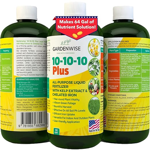 GARDENWISE 10-10-10 All Purpose Plant Food - Liquid Fertilizer with Seaweed Kelp & Iron - Indoor & Outdoor Plant Food, Vegetables, Flowers, Lawn & Garden 1x32oz