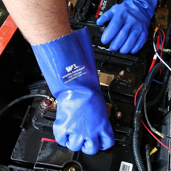 Wells Lamont Heavy Duty Rubber Gloves with PVC Coating, Chemical and Abrasion Resistant, Waterproof, 12-Inch Cuff, Large, Blue (174L)