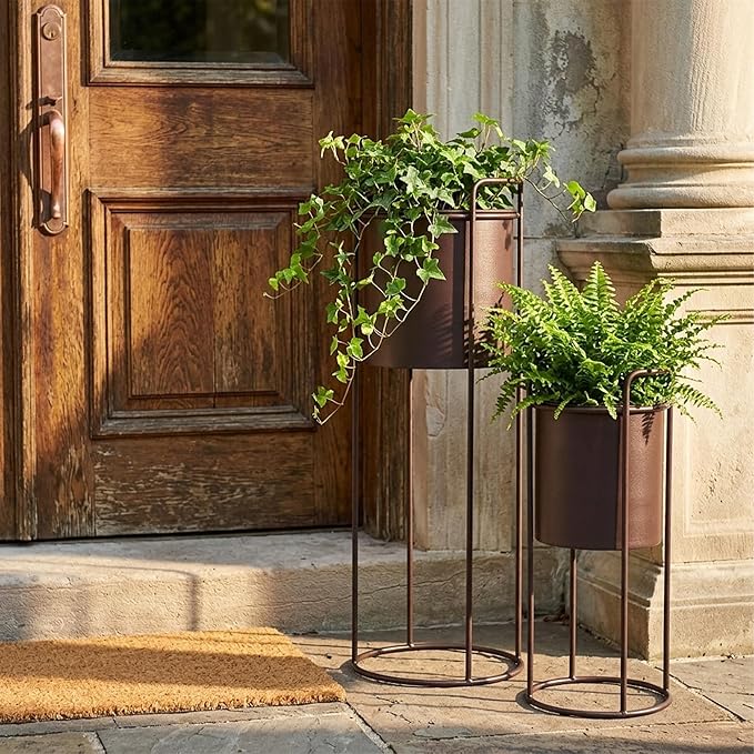 TRIROCKS Set of 2 Planters with Stand Large Metal Planter for Indoor Plants 28 &18" H Plant Pots for Living Room Corner Kitchen Office Garden Balcony Patio Decor(Brown)