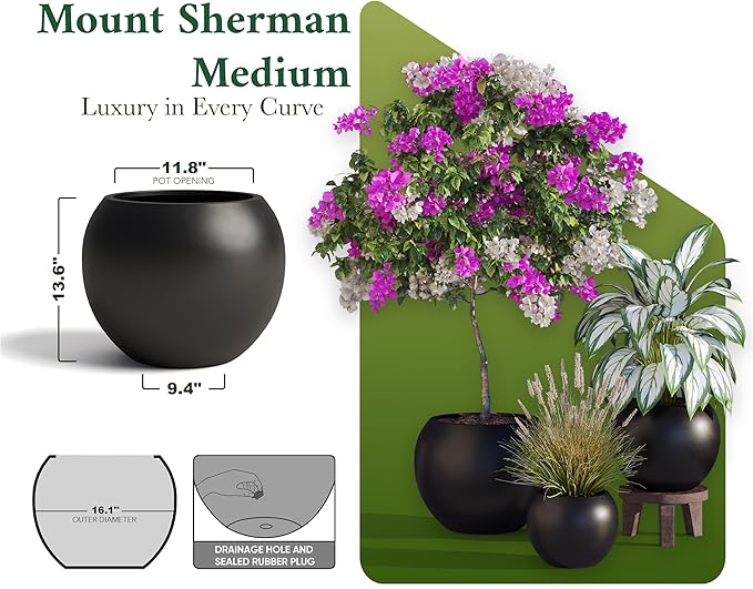 DTY Mount Sherman 16.1'' D x 13.6'' H (Pot Opening 11.8") Fiberstone Round Planter with Drainage Hole, Smooth Finishes, Weather Resistant for Indoor and Outdoor, 2 Extra Coco Mats - Black, Medium