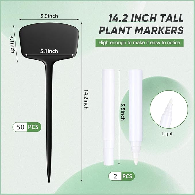Colingmill 50 Pcs 14.2 Inch Plastic Plant Labels Tags T Type Plant Markers with Pen for Outdoor Indoor Garden Pot Herbs Flowers Vegetable (Black)