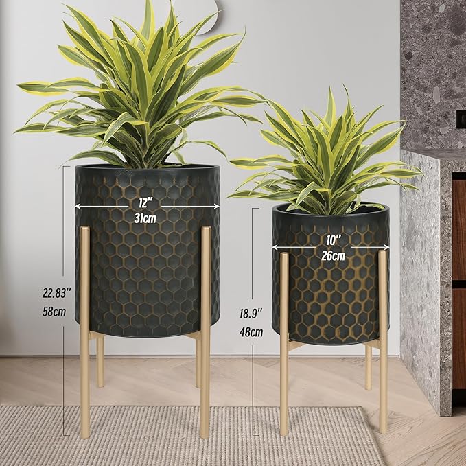 Oakrain Mid Century Planters for Indoor Plants, Set of 2, Modern Decorative Metal Pots for Living Room, Office, Garden or Balcony, Black&Golden Honeycomb, 10" &12"