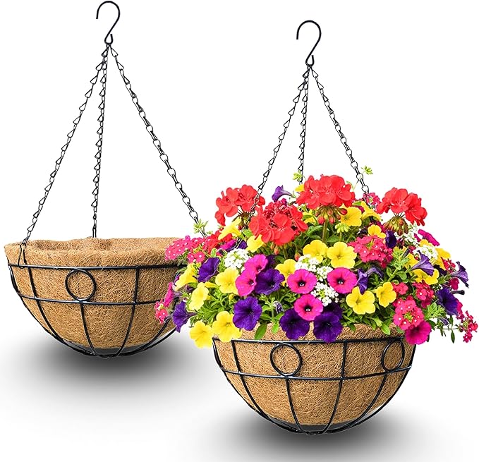 2 Pack 12 Inch Hanging Baskets for Plants Outdoor Metal Hanging Planters Round Hanging Flower Pots with Coco Coir Liner Plant Holder for Outdoor Patio Garden Balcony Decor - Circular