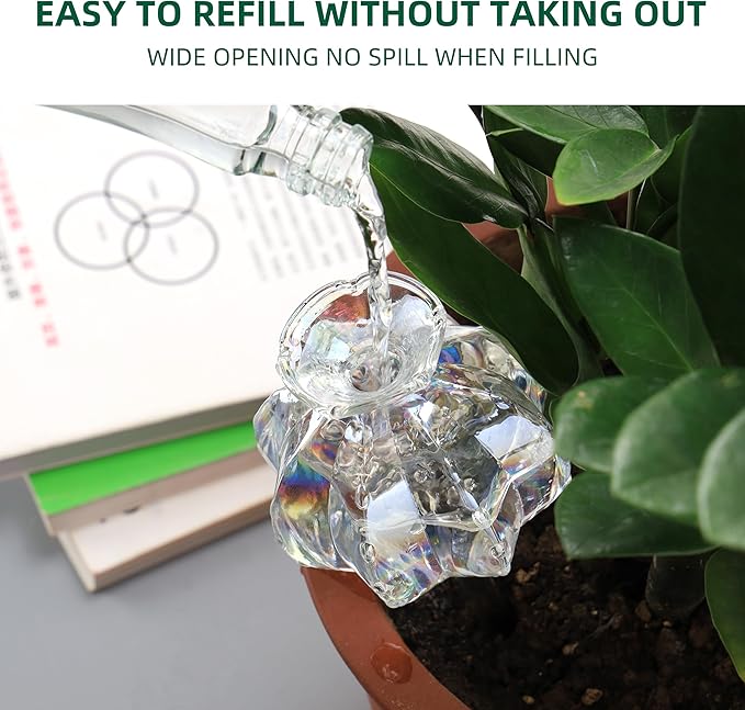 Soilagua 10 oz Large Top Fill Cactus Plant Self Watering Globes, Light Iridescent Glass Water Bulbs, Slow Release Watering Devices System Indoor | Outdoor Everyday Use, Water Spikes Stakes, 2 Pack