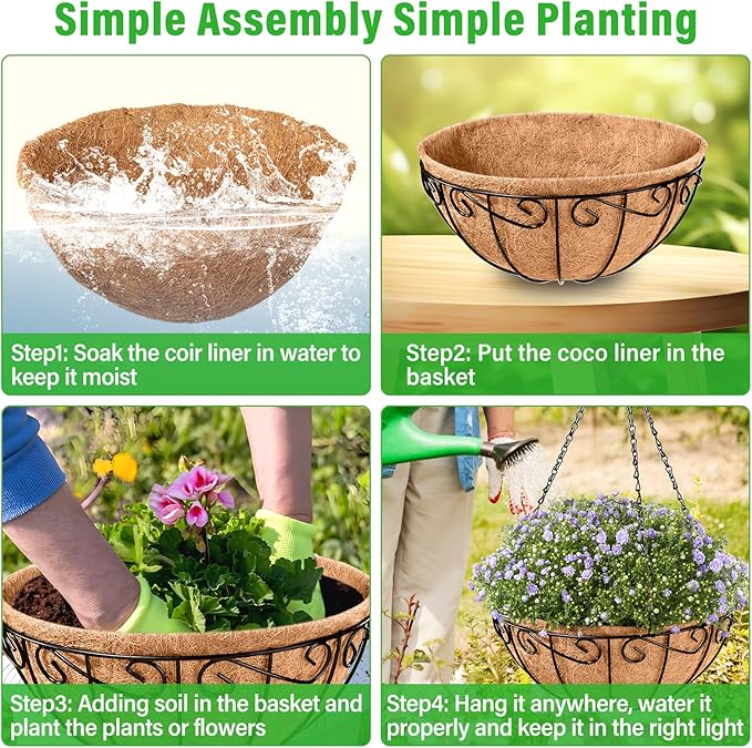 Legigo 6 Pack 10 Inch Metal Hanging Baskets for Plants Outdoor- Round Wire Hanging Planters Basket with Coconut Coir Liner, Hanging Flower Pot for Outdoor Plants Flowers Garden Decorations
