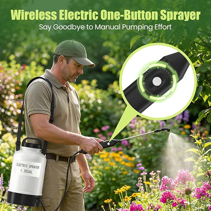 Battery Electric Sprayer, 1.35 Gallon USB Rechargeable Portable Lawn Garden Sprayer with 3.7V Battery, Adjustable Strap, Leak-Proof Wand, 3 Nozzles, 3-Hour Runtime for Plant Care,Outdoor Cleaning