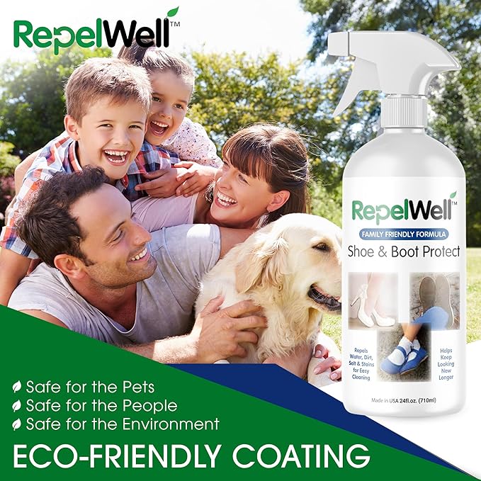 RepelWell Shoe & Boot Stain & Water Repellent (24oz) Eco-Friendly, Pet-Safe Spray Keeps Fabric, Leather & Suede Clean & Dry