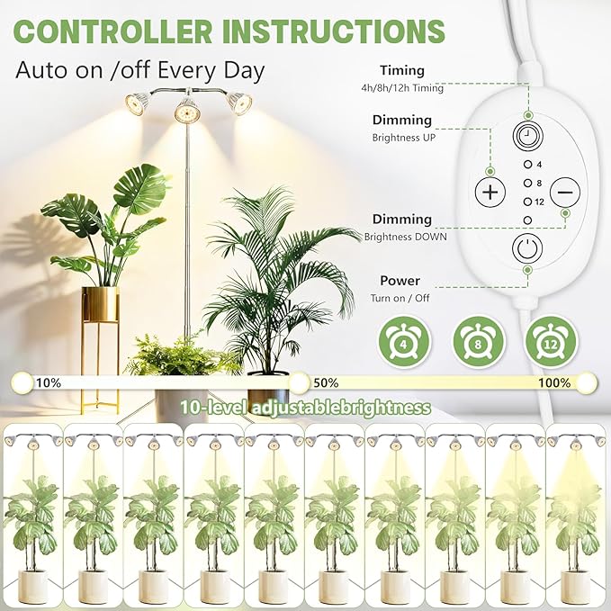 Full Spectrum Grow Lights for Indoor Plants, 3 Heads Aluminum Alloy Growing Lamps Covers More Plants, 15-62In Height Adjustable Plant Light with Detachable Tripod Stand, Auto On/Off Timer for Offices