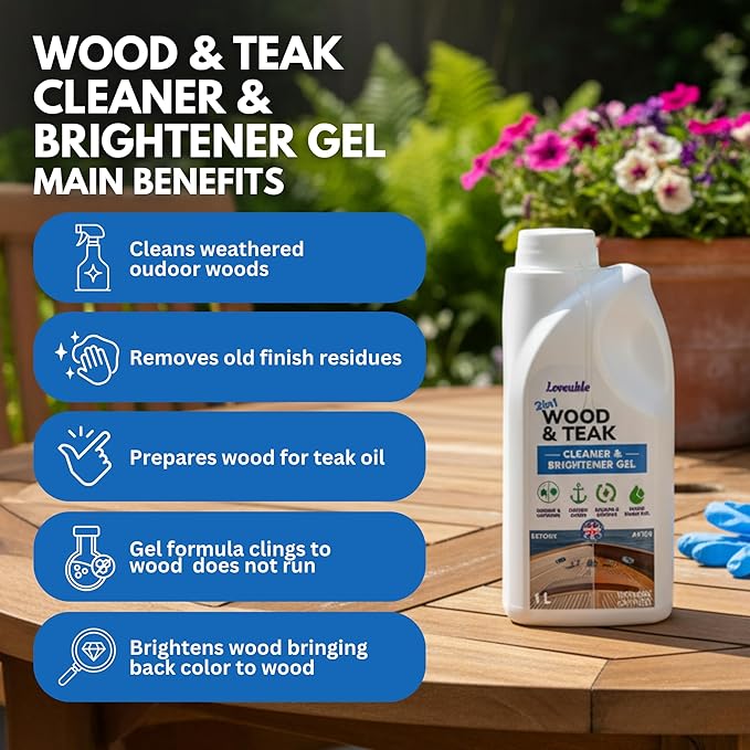 EcoDecors Loveable 2 in 1 Wood & Teak Cleaner and Brightener Gel, 1 L, for Outdoor Use, Cleans, Renews, and Refreshes Outdoor Wood