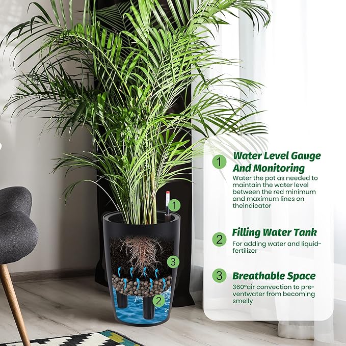 16" Tall Planter Set of 2, Outdoor Planter with Built-in Drainage and Water Level Gauge, Self Watering Planters for Garden, Patio, Balcony, Lounge, Black