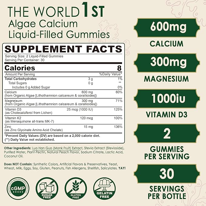 Plant Based Calcium Gummies 600mg with Vitamin D3 K2, Magnesium, Zinc for Bone Strength, Sugar Free Calcium Supplements for Women & Men (Certified Vegan) from Sustainably Organic Red Algae - 60 Counts