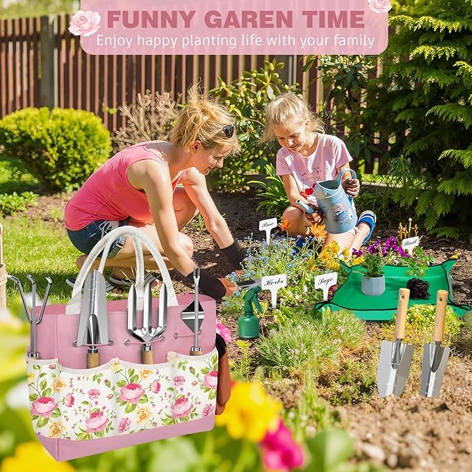 22PCS Garden Tools Set for Women, for Mom Beginner,Heavy Duty Hand Tool Kit Gardening Supplies Included Handy Tote Bag/Trowel/Repotting Mat/Rake/Pruner/Gloves/Plant Tags -Pink