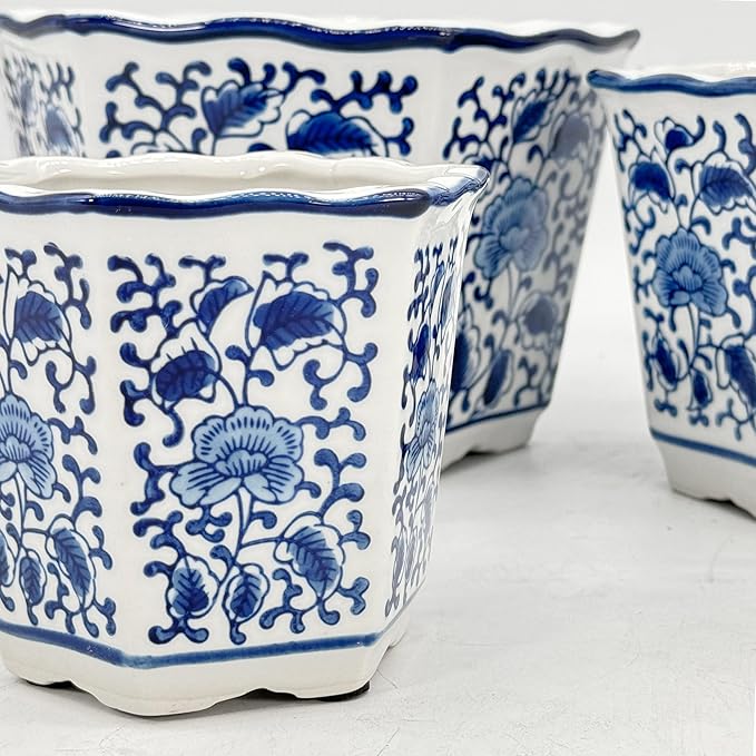 Galt International Blue & White Floral Porcelain Ceramic Decorative Flower Pot 8"/6"/4.5" Garden Pots Chinese Asian Design - Set of 3 Hexagonal