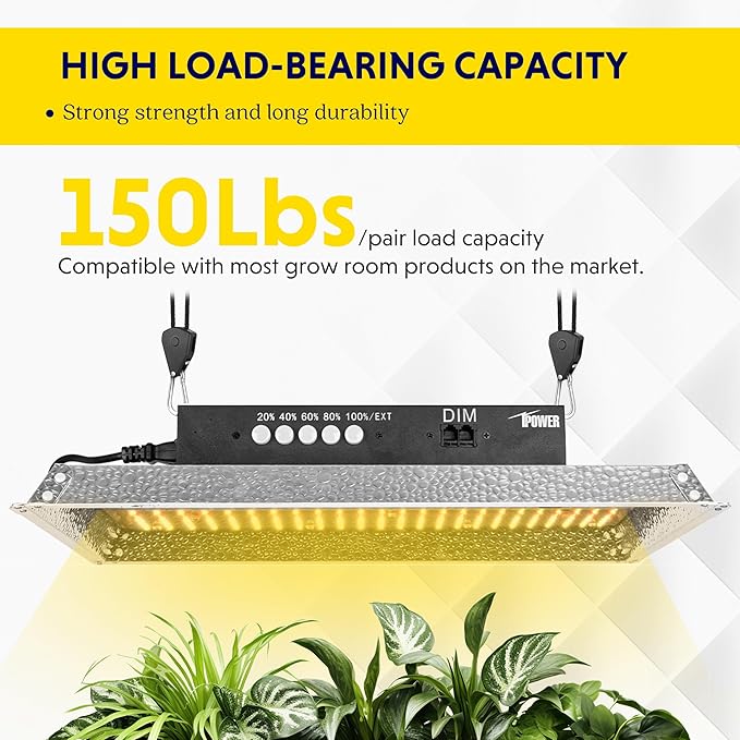 iPower 4-Pair 1/8 Inch Adjustable Rope Hanger, Heavy Duty Grow Light Hangers with Reinforced Metal Gears, 8Ft Long & 150lbs Weight Capacity for Growing Lamp, Inline Fan, Filters