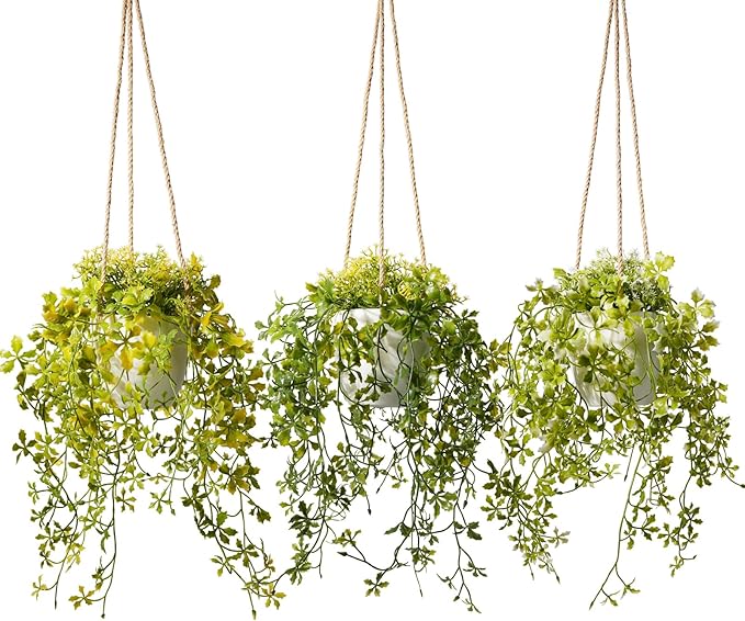 3 Packs Fake Hanging Plants with White Pots, 13" Artificial Hanging Plants for Wall Decor, Fake Plants Mandala Vine Indoor/Outdoor for Home Bathroom Bedroom Kitchen Office Room Decor