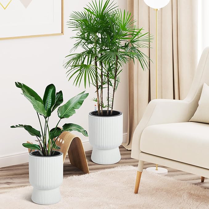 14 Inch Plant Pots, Self Watering Planters Set of 2 with Drainage Holes, Tall planters for Indoor Plants, Flower Pots with Water Level Monitor, for Patio, Porch, Living Room, Home Office, White