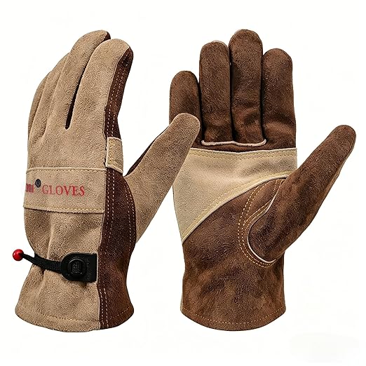 Leather Gardening Gloves for Women and Men, Work Gloves for Welding, Construction, Chainsaw, Farm, Ranch, Yard Work, Abrasion Resistant, Cactus Thorn Proof (Brown, Small)