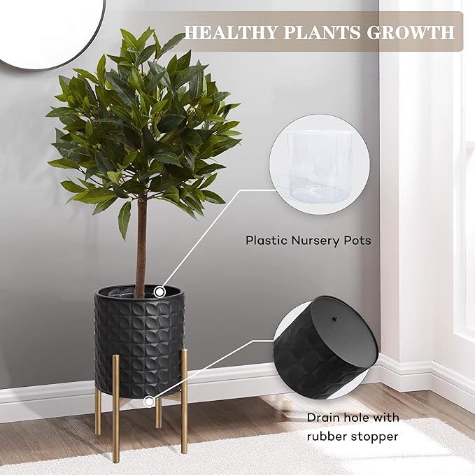 Oakrain Planters for Indoor Plants, Set of 2 Decorative Metal Planter Pots, Mid Century Modern Planter with Stand for Living Room, Office, Garden or Balcony, Textured Black, 8"&10"