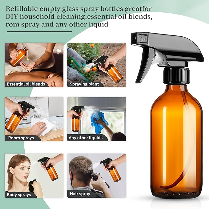 GIVAMEIHF 8oz Amber Glass Spray Bottles,3 Pack Glass Spray Bottles Refillable Empty Bottle with Adjustable Nozzle,Spray Bottle for Essential Oils,Cleaning Solutions,Pets,Hair Mister,Gardening
