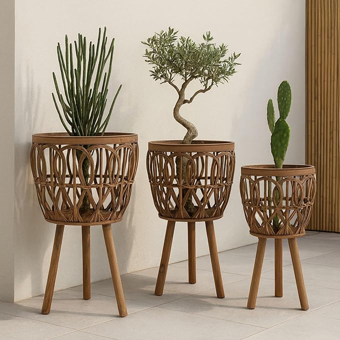 Handcrafted Bamboo Planters with Wooden Legs as Home Decor - Timeless Flower Pots for Entryway and Garden - Patterned Plant Pots for Outdoor and Indoor Plants - Set of 3, 26", 23", 20", Brown