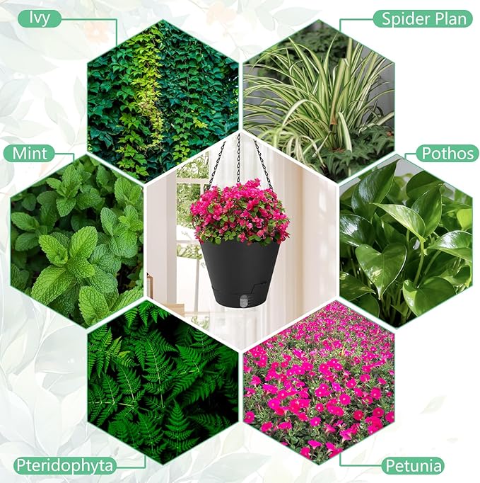 8 Inch Hanging Planters Indoor Outdoor, 3 Pack Plastic Self Watering Plant Pots with Drainage Holes & Saucers, Hanging Baskets Flower Pots with Chain for Ivy, Spider Plant, Pothos, Ferns