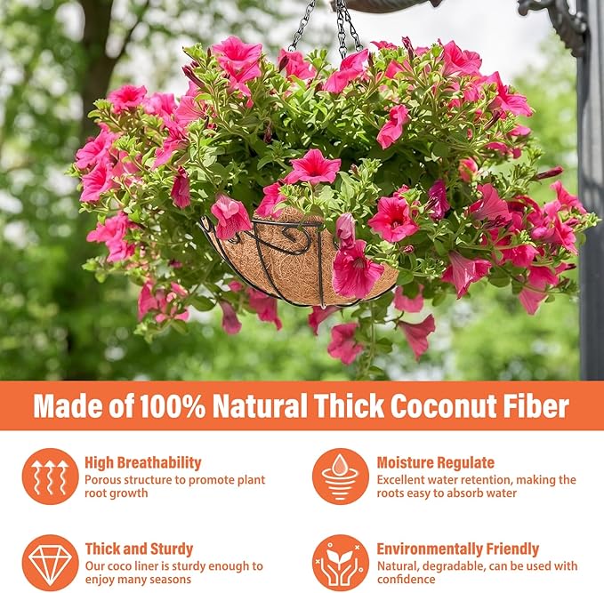 Legigo 3 Pack 10 Inch Metal Hanging Baskets for Plants Outdoor- Round Wire Hanging Planters Basket with Coconut Coir Liner, Hanging Flower Pot for Outdoor Plants Flowers Garden Decorations