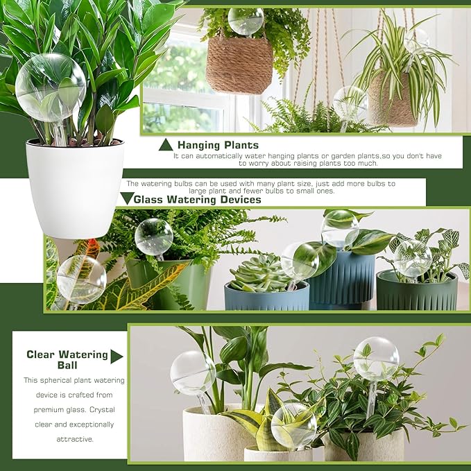 Self Watering Globes, Glass Clear Plant Watering Globes, Self Watering Planter Insert for Indoor & Outdoor Potted, Self Watering Planter Insert Spikes Devices for Everyday or Vacation Use, 2 Pack