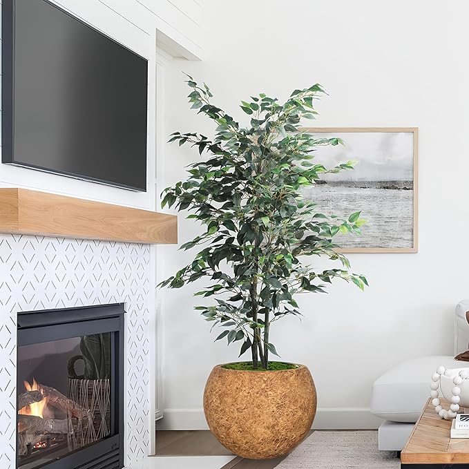 Panlaolao 10 H x 14" Dia (10" Pot Opening) Round Fiberstone Planter with Drainage Hole, White, Indoor/Outdoor Large Plant Pot for Home Patio Garden, Ideal for Large Plants-Camel