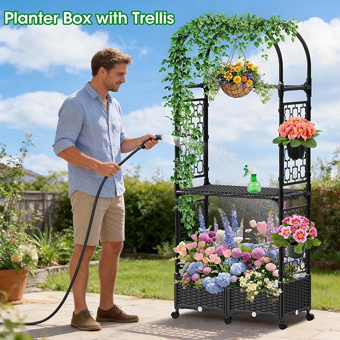 Planter Box with Trellis,5.9ft/71in Self Watering Raised Garden Bed with Wheels and Storage Shelf,Drainage Holes,for Flower Rattan Vines Plant Climbing Tomato Vegetable Indoor Outdoor Garden Patio