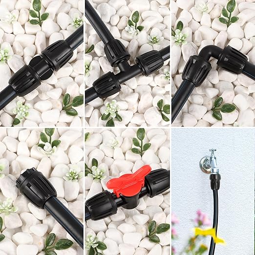 RedChili 17 Pcs 1/2 Inch Irrigation Tubing Fittings Kit, (1/2" ID x0.6-0.65" OD) 16mm Drip Tubing Barbed Locked Nuts Connectors with 2 Couplings 4 Tees 2 Ends 4 Elbows 3 Valves 2 Faucet Adapters