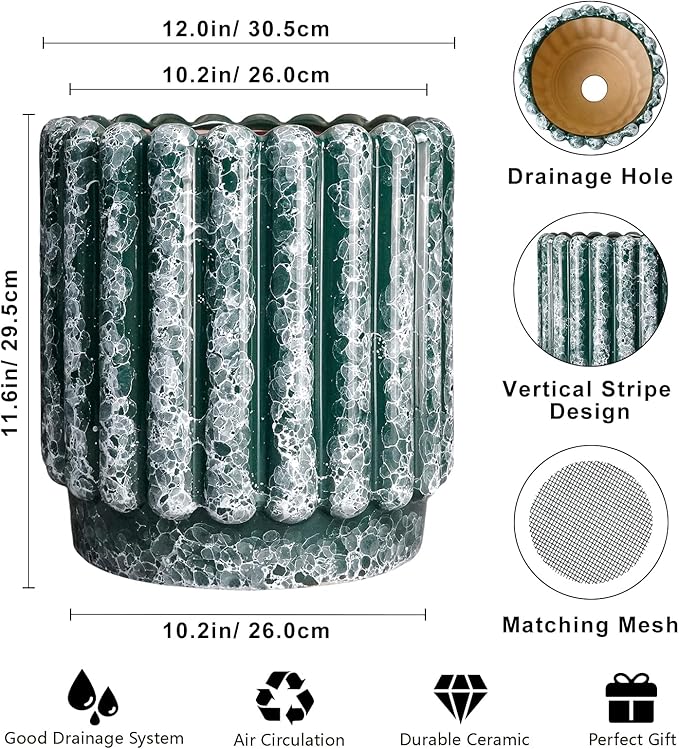 Ceramicfor 12 Inch Pots for Plants - Ceramic Indoor Planters with Drainage Hole, Decorative Large Planters for Outdoor Plants, Fluted Round Ceramic Flower Pots, Home Patio Decor, Birthday Gifts, Green