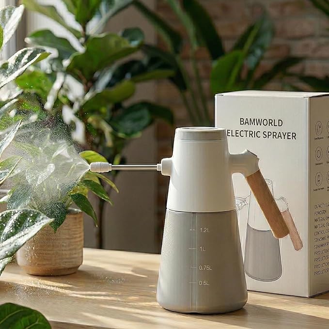 Bamworld Electric Sprayer with 180° Adjustable Long Nozzle 2 Spray Modes Battery Powered Sprayer for Indoor Outdoor Plants Gardening Cleaning Minimalist White Design with Wood Grain Handle